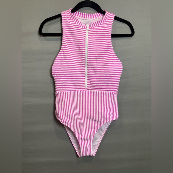 Splendid Other - Splendid Pink & White Striped Front-Zip One-Piece Swimsuit – Women’s Medium